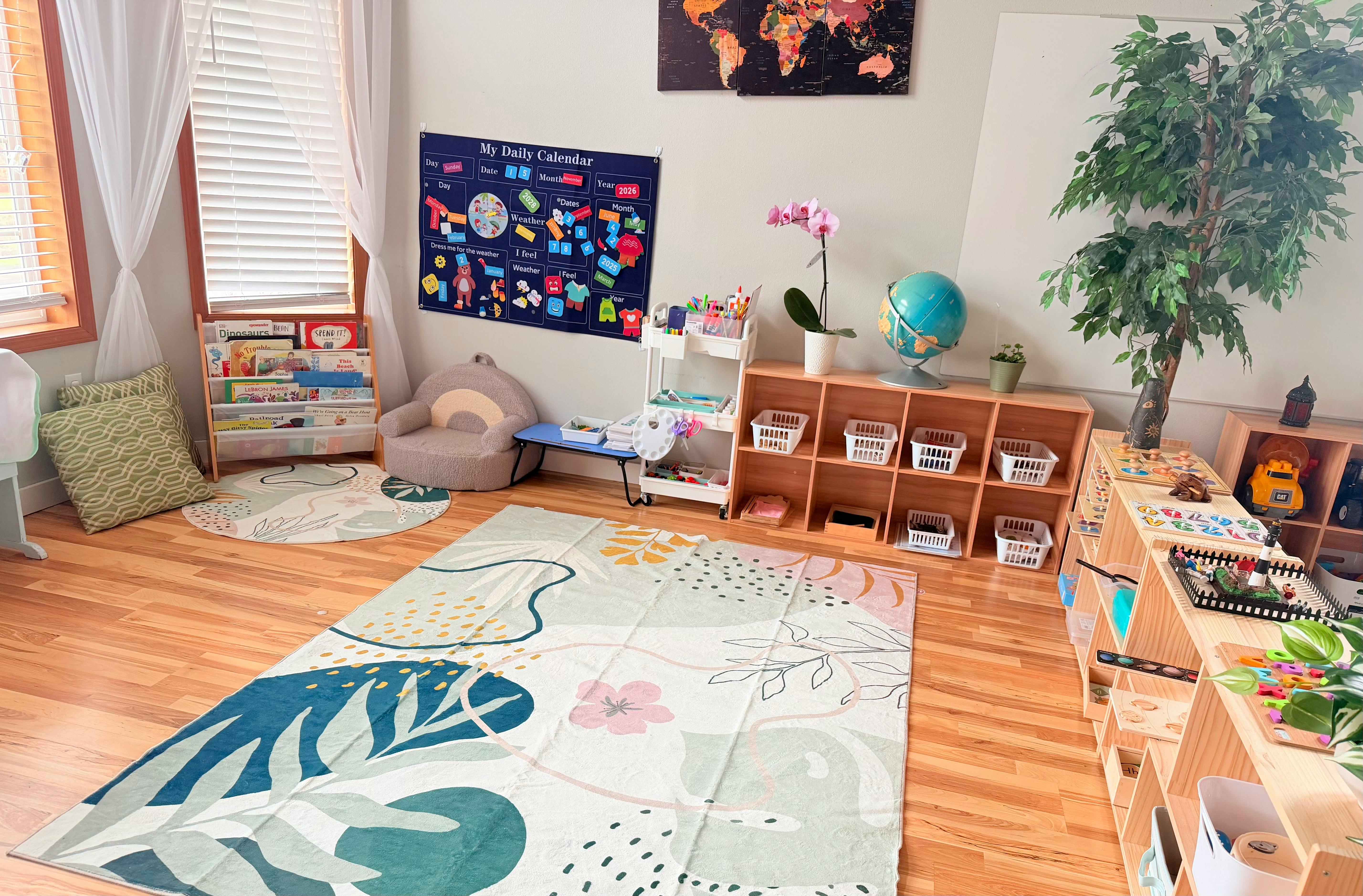 child's playroom with calendar, bookshelf, and educational toys