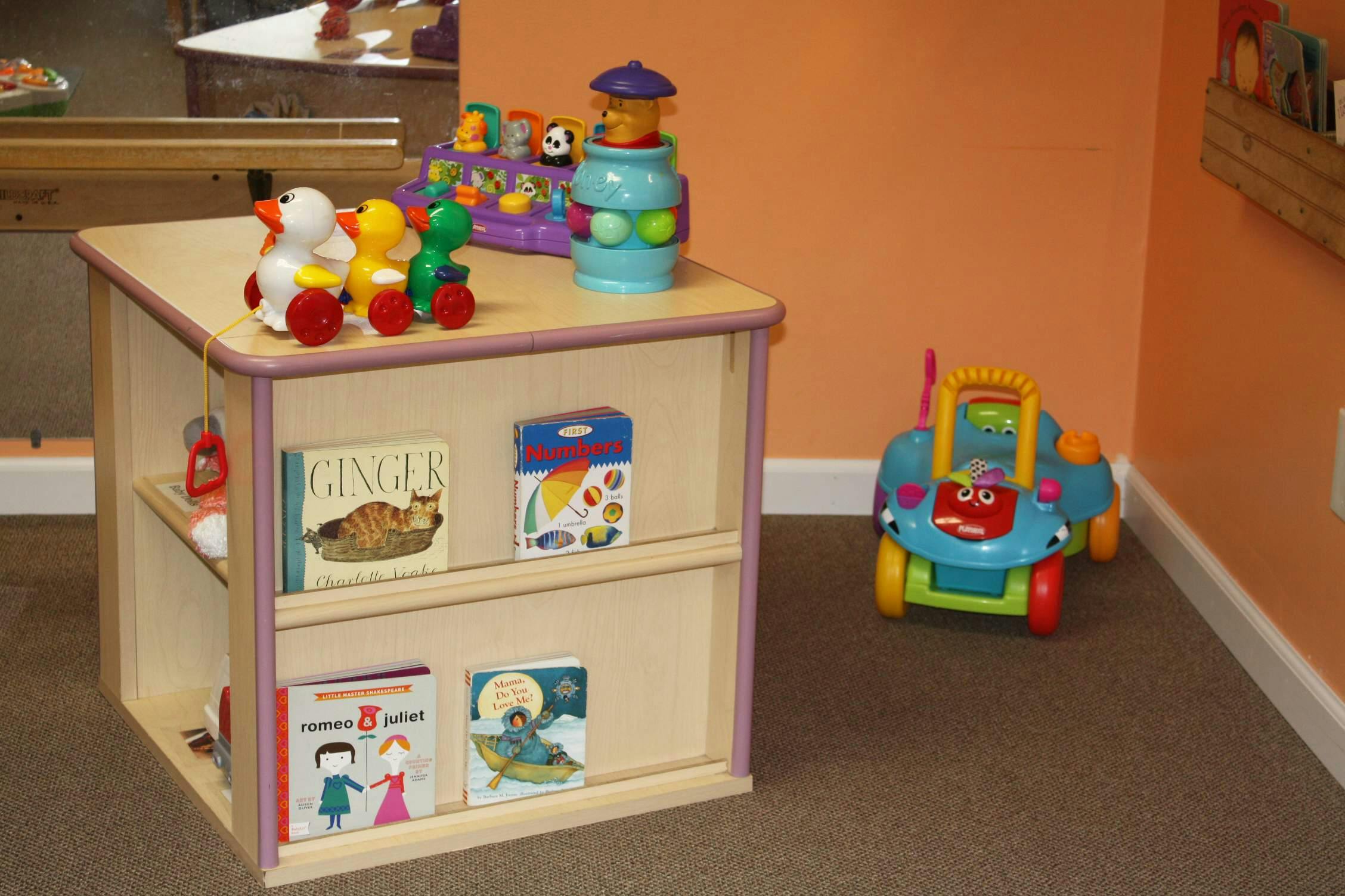 Children's bookshelf with books and toys