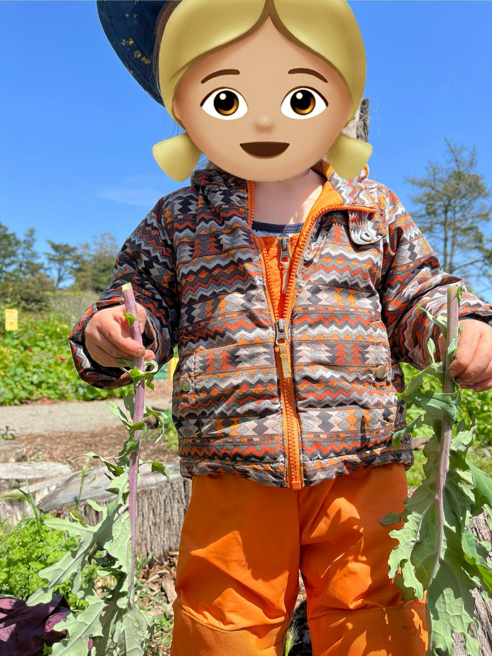 Child holding harvested plants in a garden