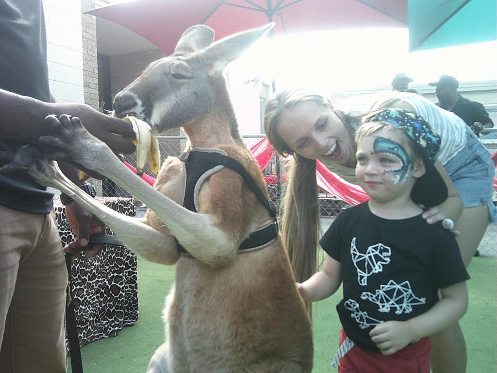 A person feeding a kangaroo while a child with face paint watches