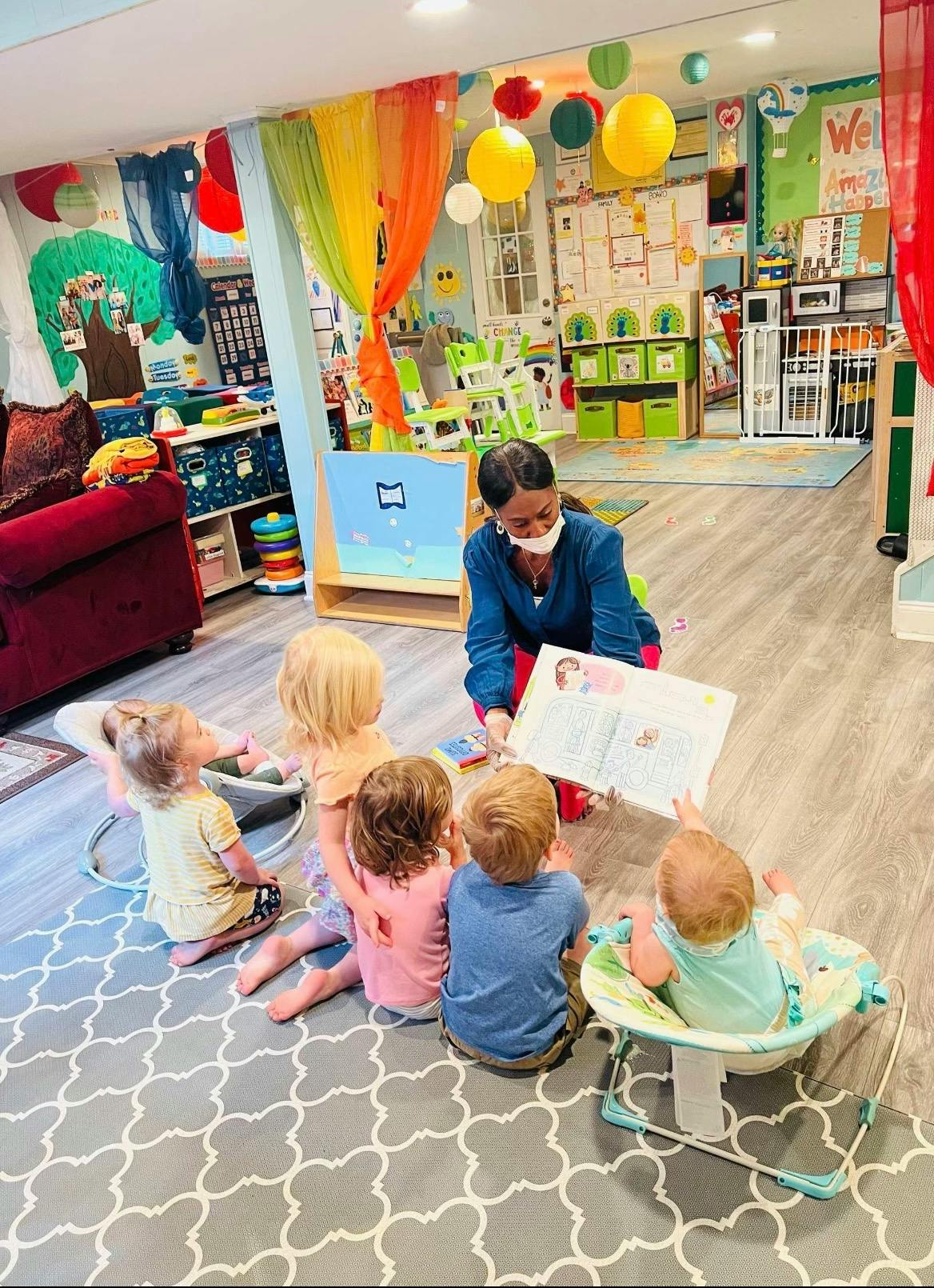 Person in mask reading a book to several young children in a classroom