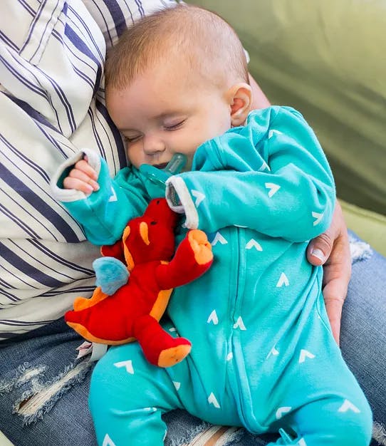 Sleeping baby in a person's arms holding a red stuffed animal