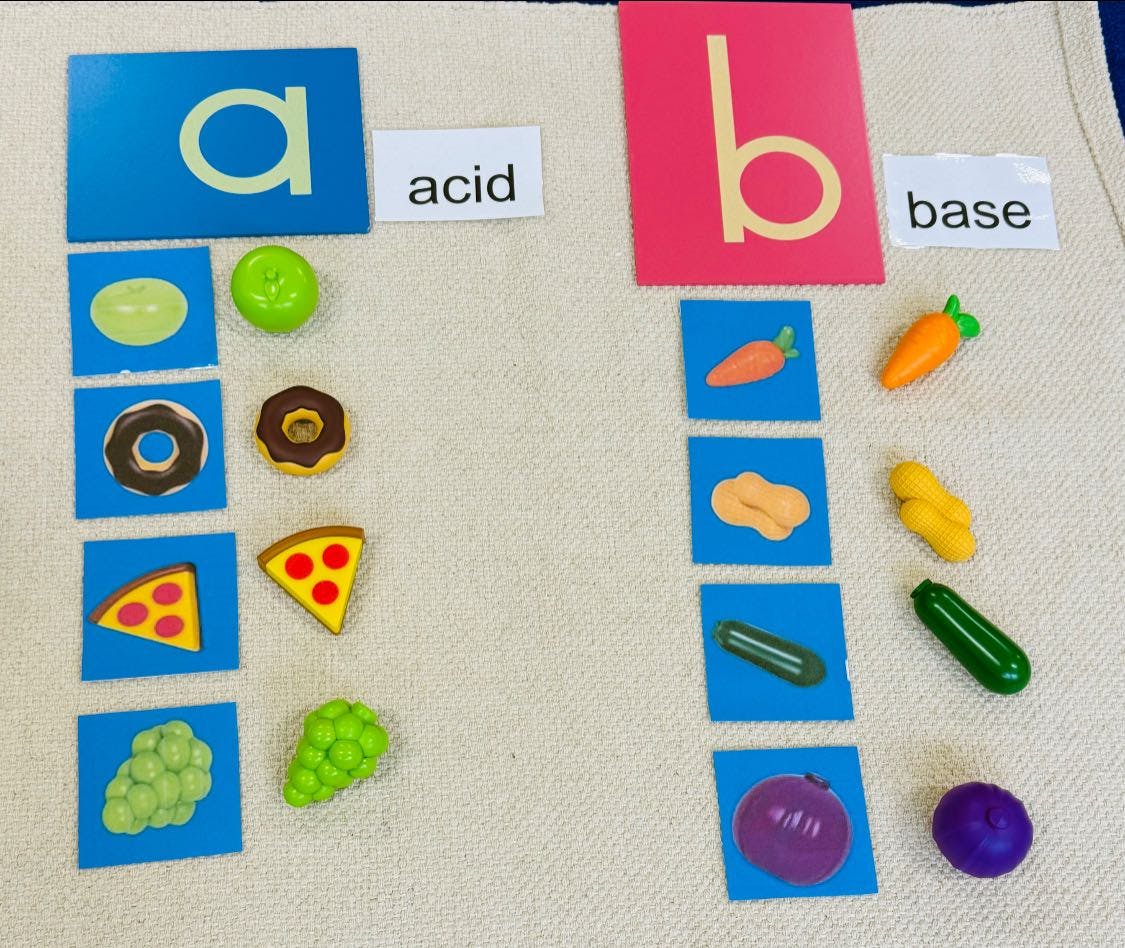 Learning activity with cards showing letters, words "acid" and "base", and food items