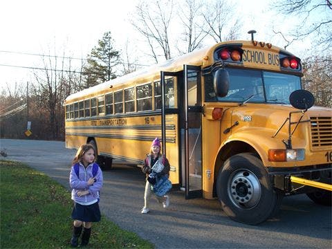 Two children near a school bus, one walking away, one entering