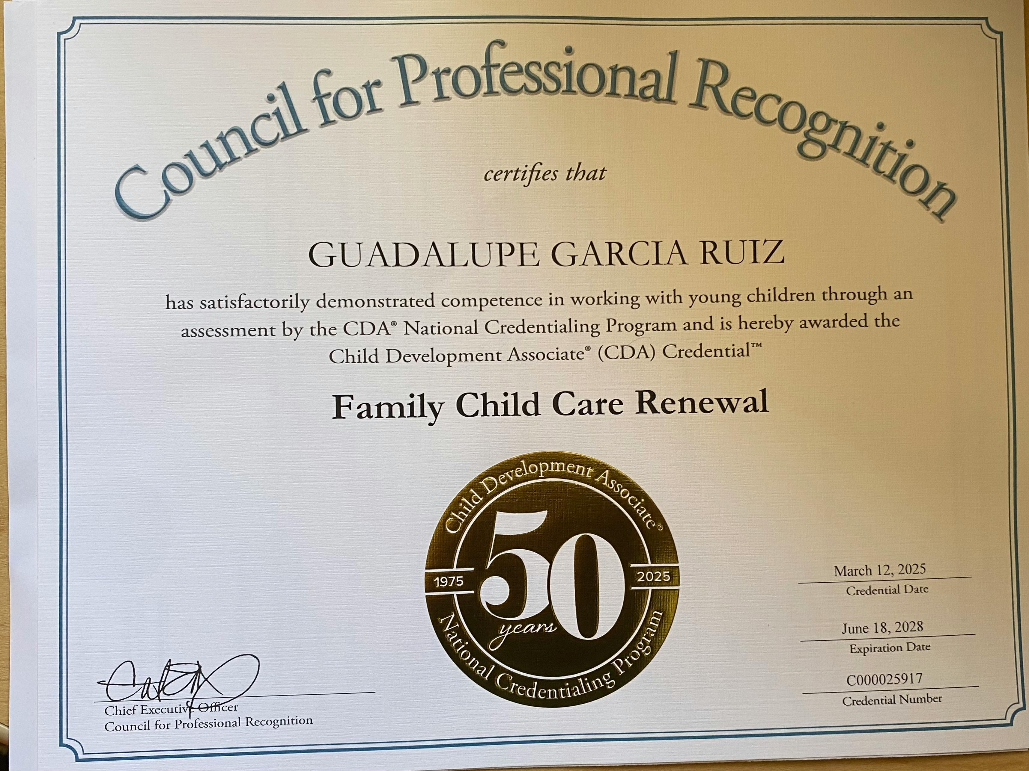 Certificate for Family Child Care Renewal with a 50 years logo