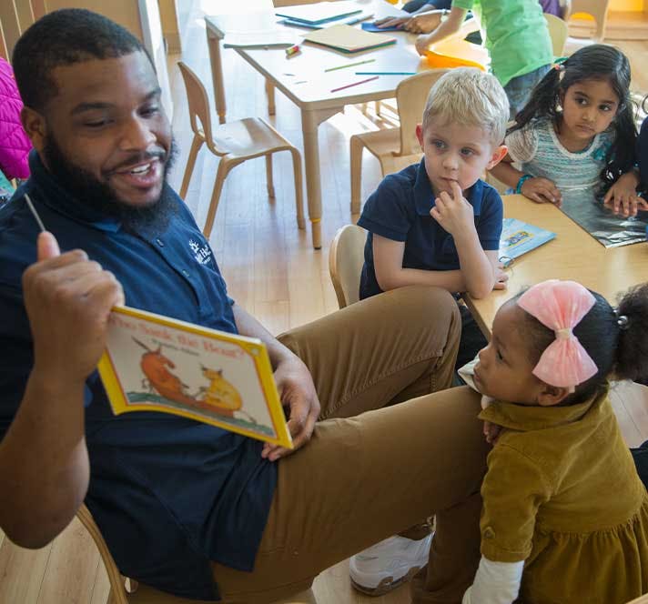 Person reading a book to children in a classroom