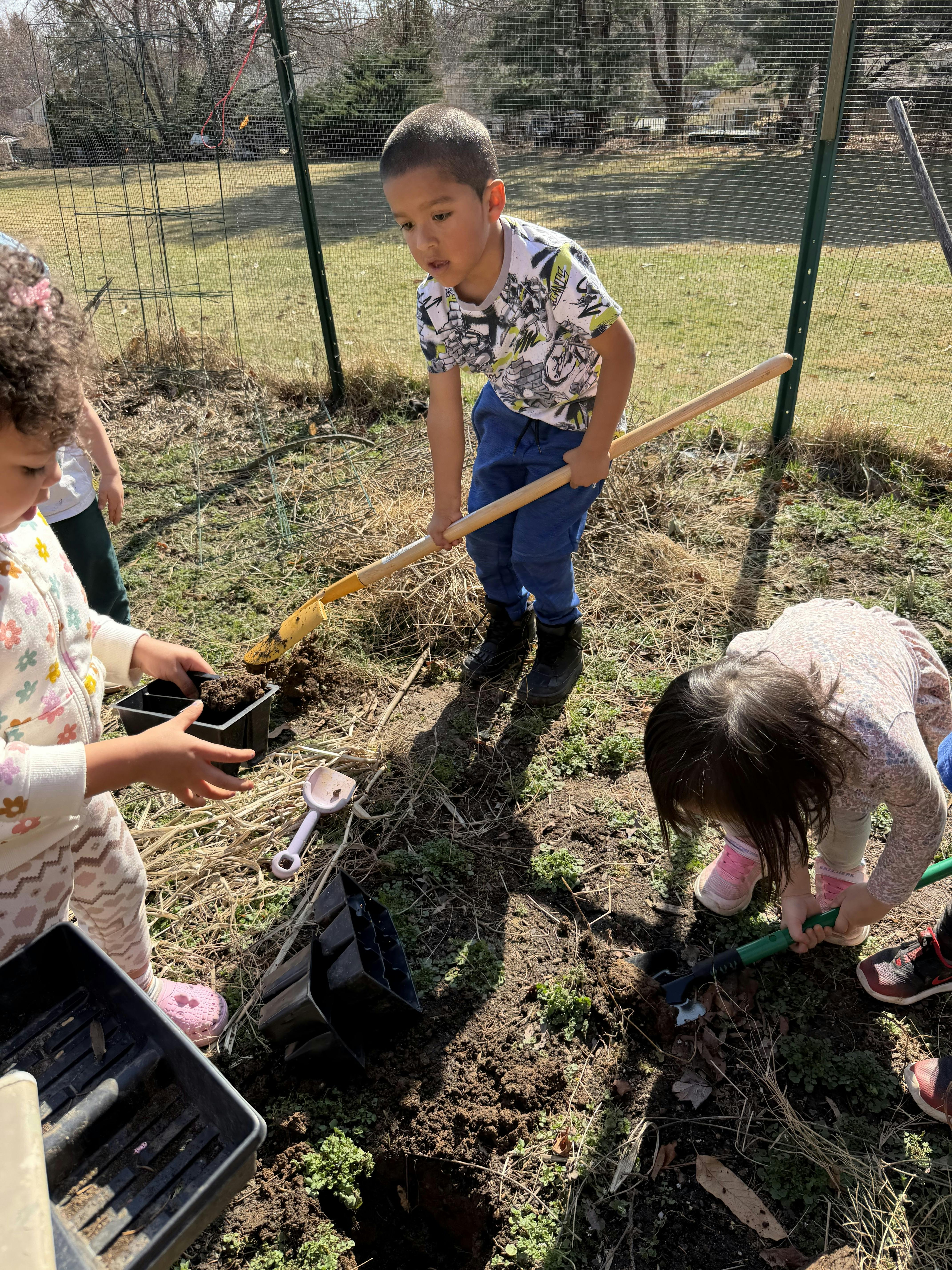 Three children gardening in a fenced outdoor plot
