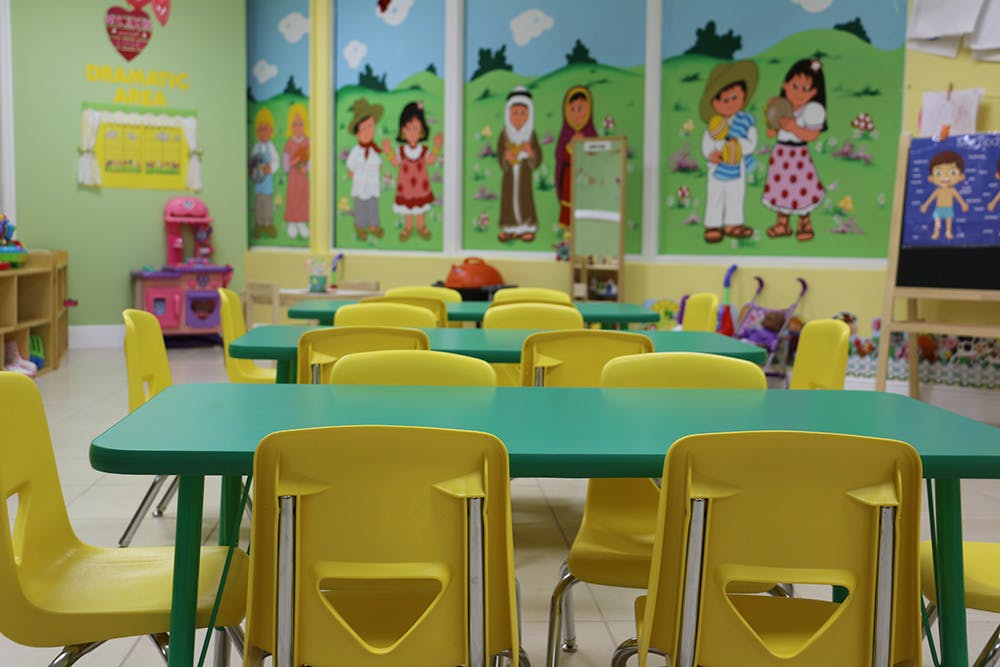 Empty classroom with green tables and yellow chairs