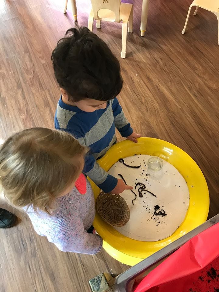 Two children playing with a sensory bin with black objects
