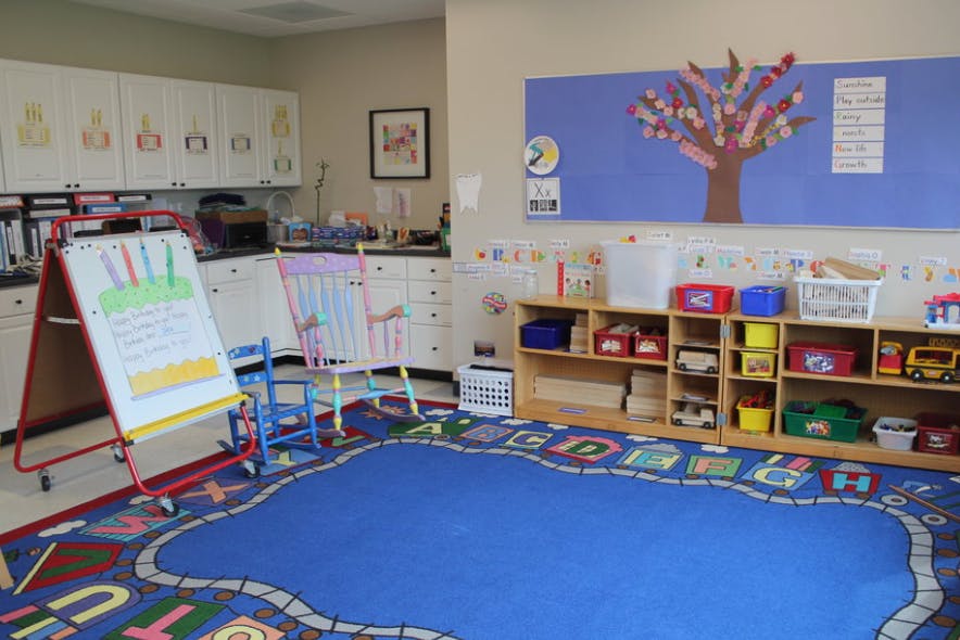 Classroom with a blue rug, white cabinets, and a bulletin board with a tree