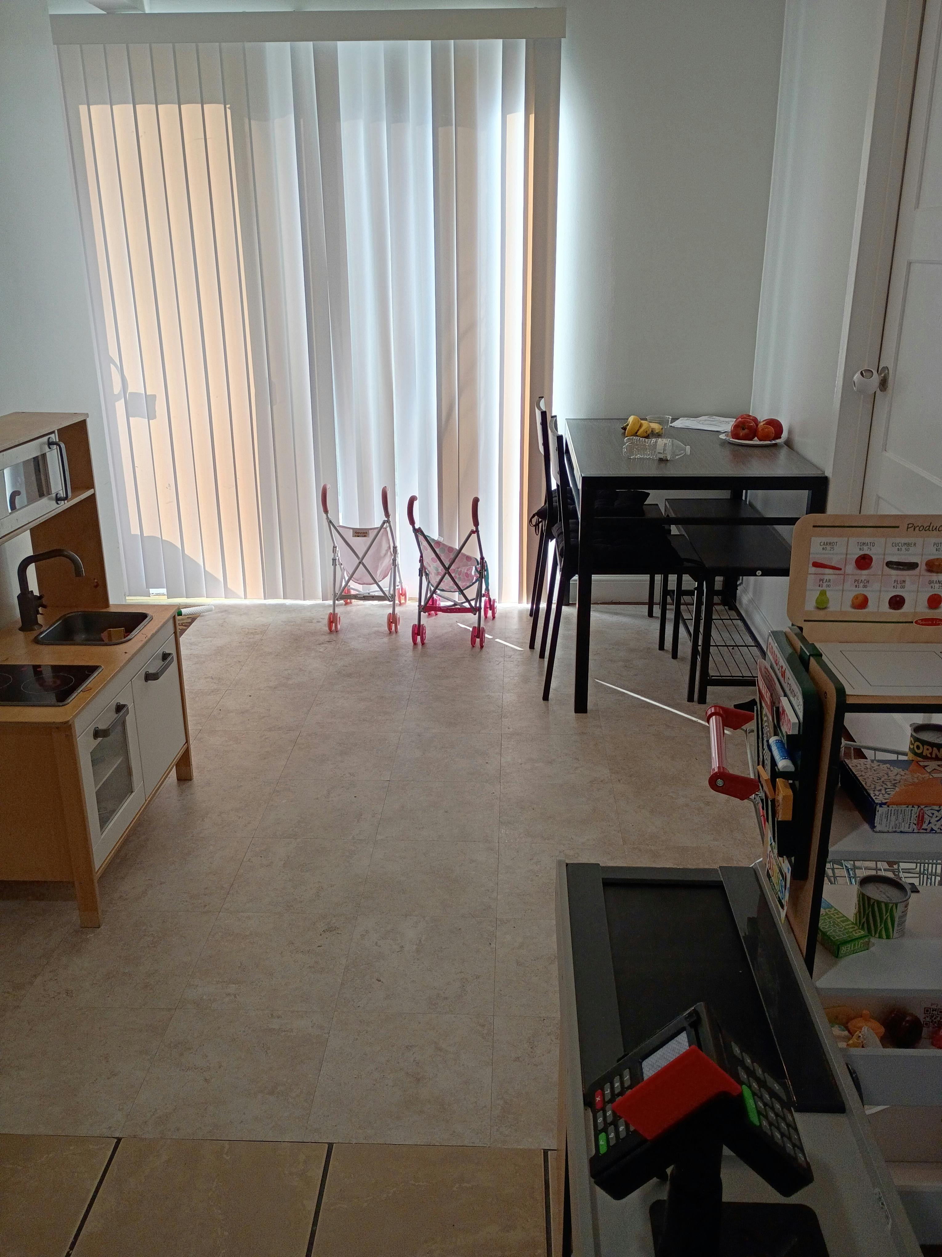 Children's play strollers and kitchen set with a fruit and vegetable stand