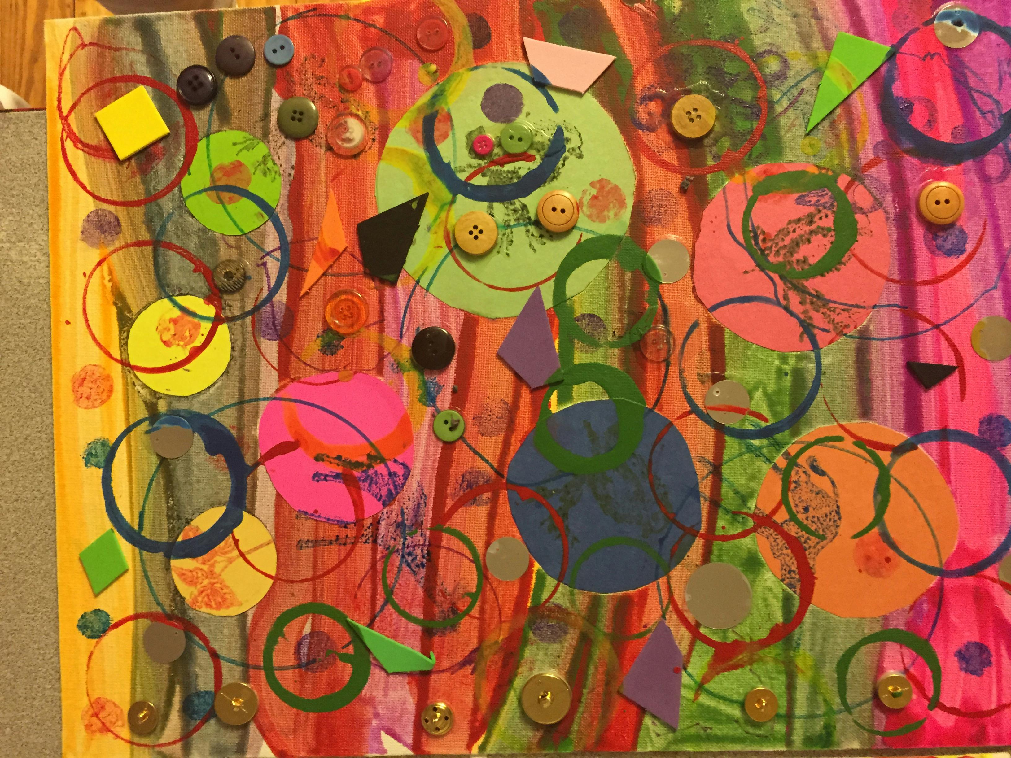 Abstract art with colorful circles, shapes, and buttons