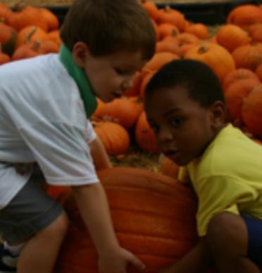 Two children with a large pumpkin in a pumpkin patch