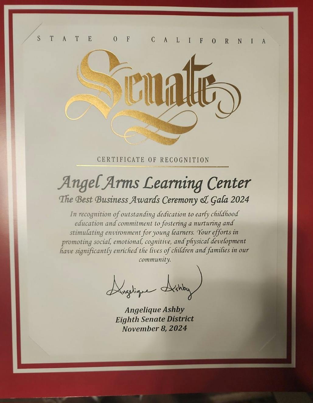 Certificate of Recognition from the State of California Senate