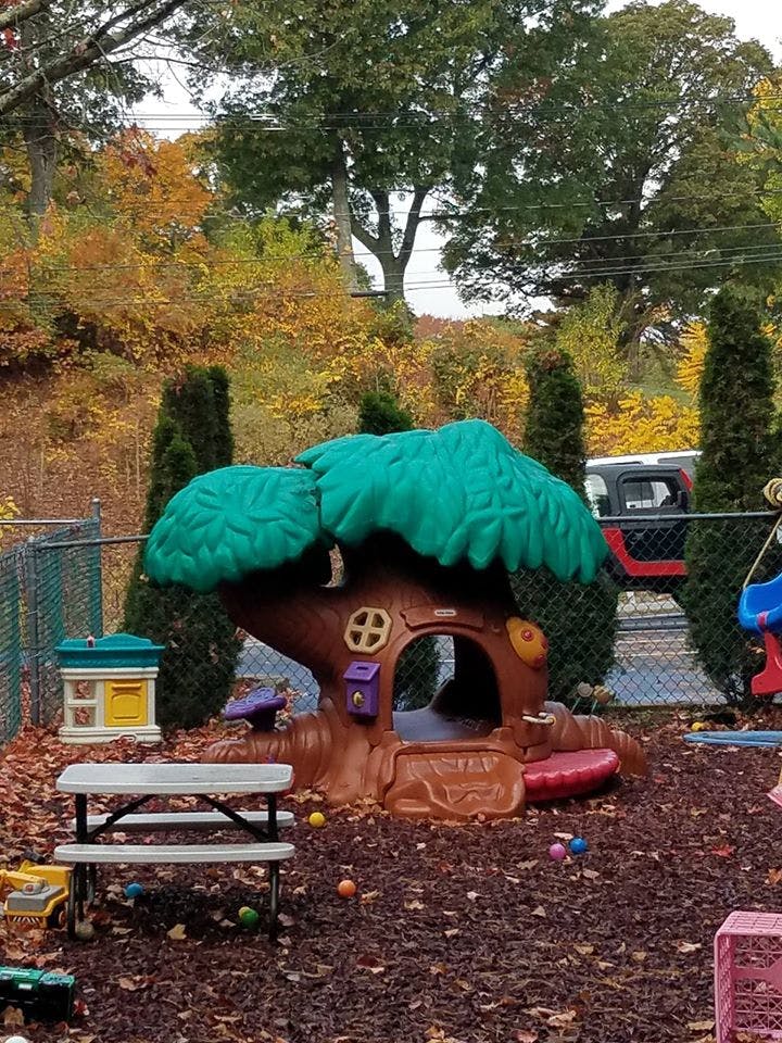 Playground with a tree-shaped playhouse and picnic table