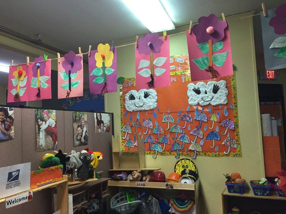 Children's artwork displayed in a classroom