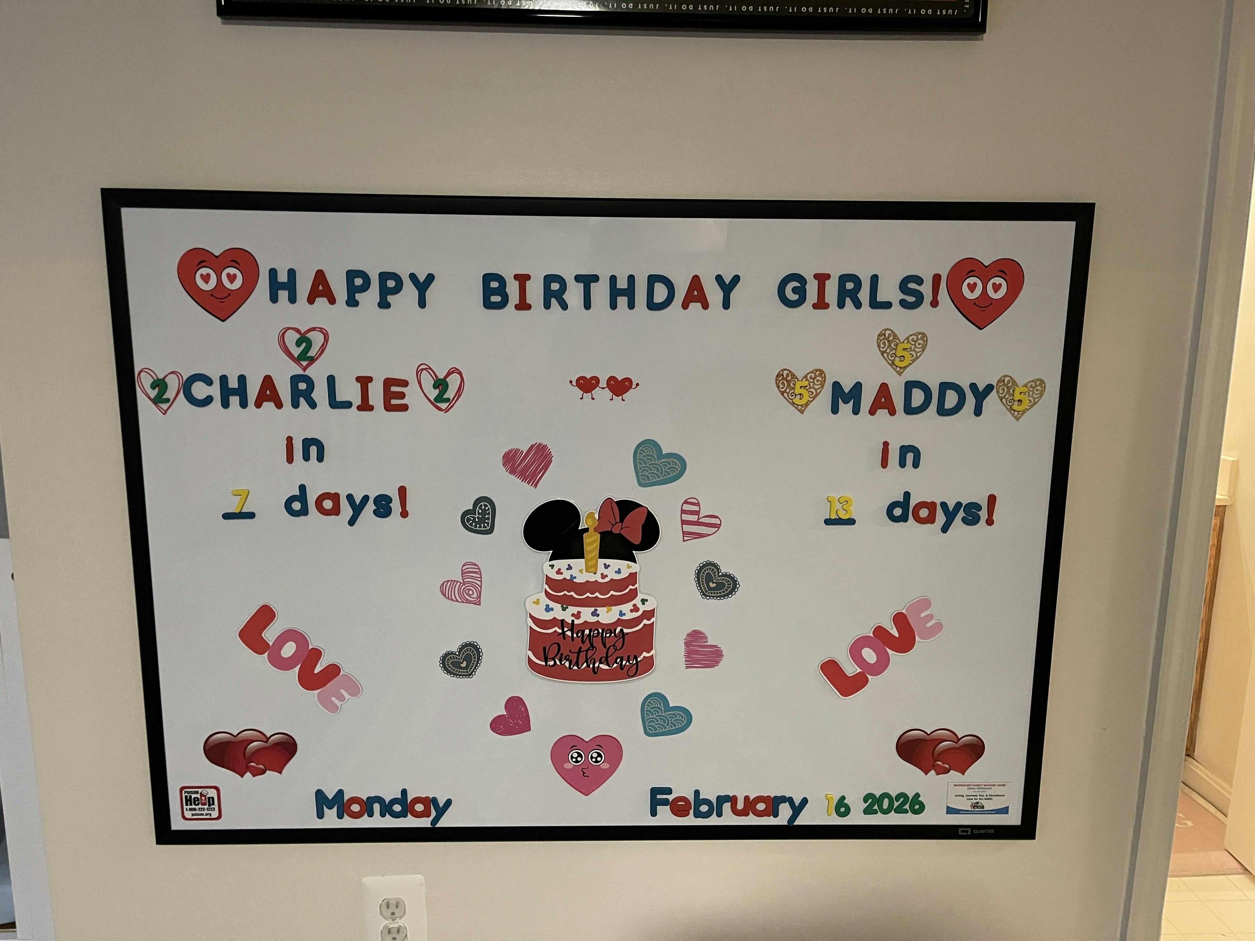 Birthday countdown board with cake decoration and names Charlie and Maddy