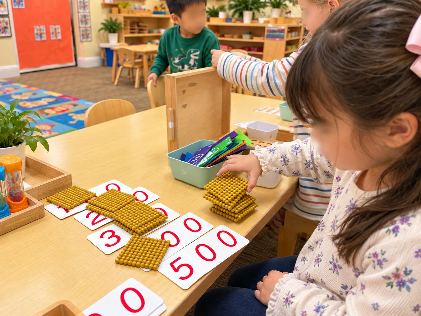 Children using small bead squares and number cards at a table