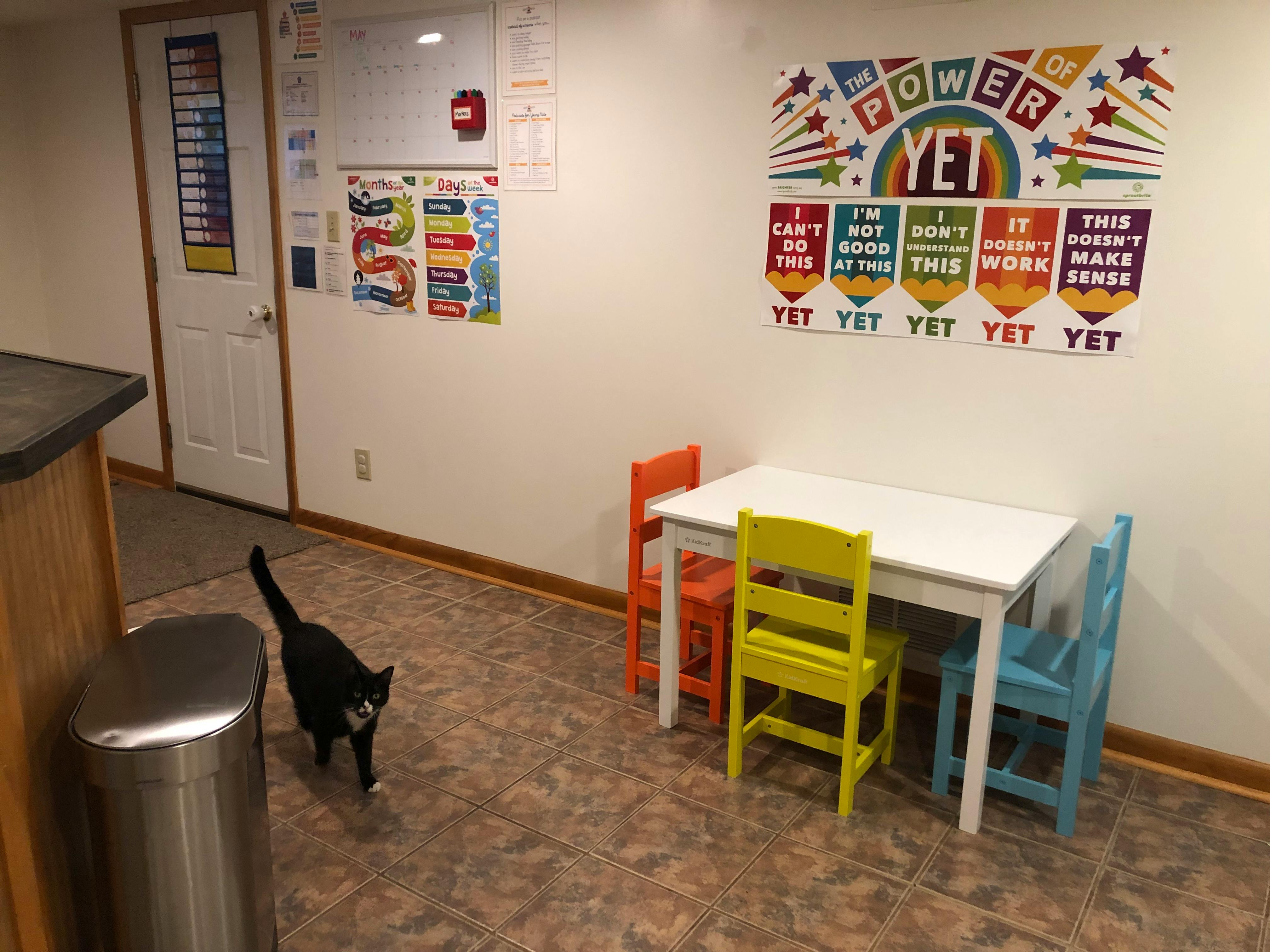 Black cat walking past a small white table with colorful chairs