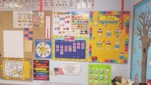 Bulletin board with various colorful educational charts and papers