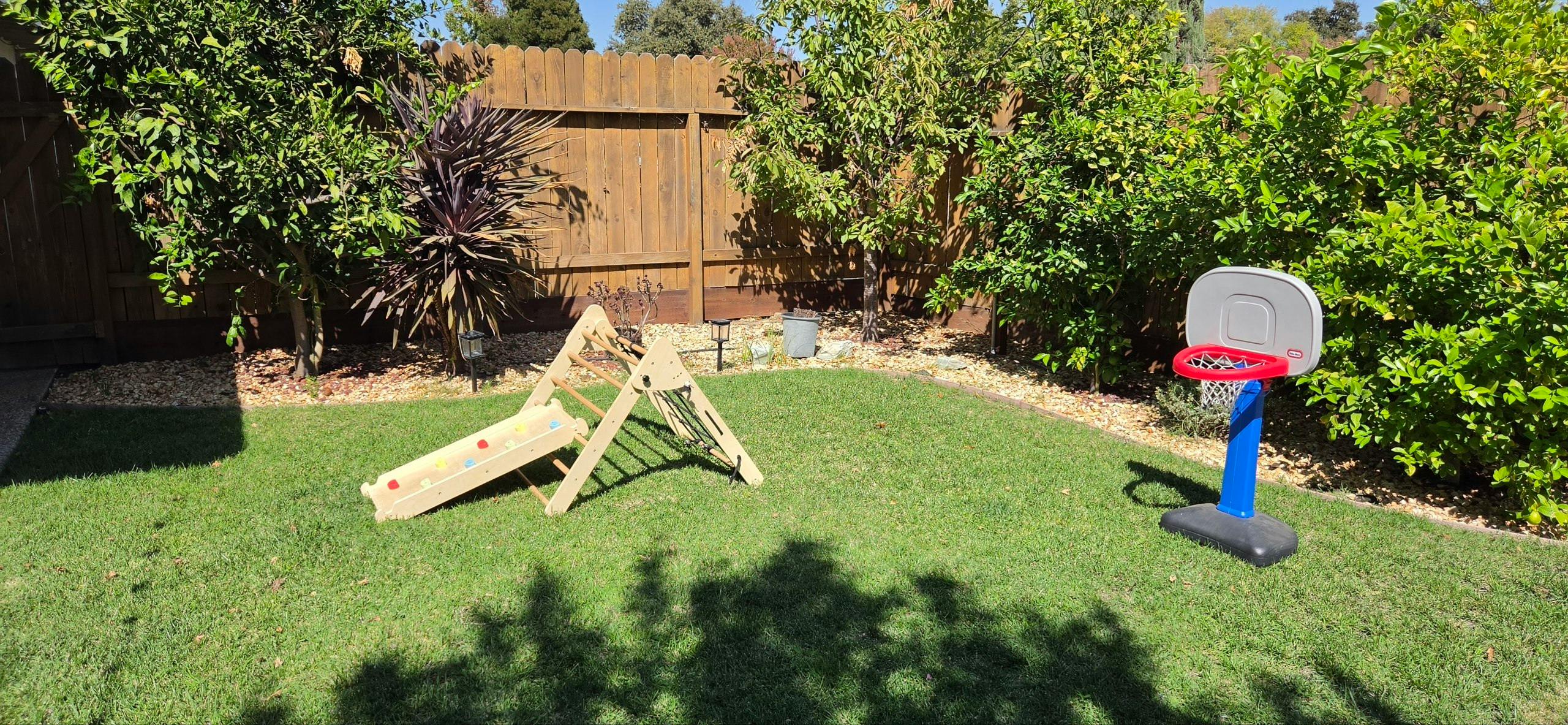 Wooden climbing frame and a toy basketball hoop on a grassy backyard lawn