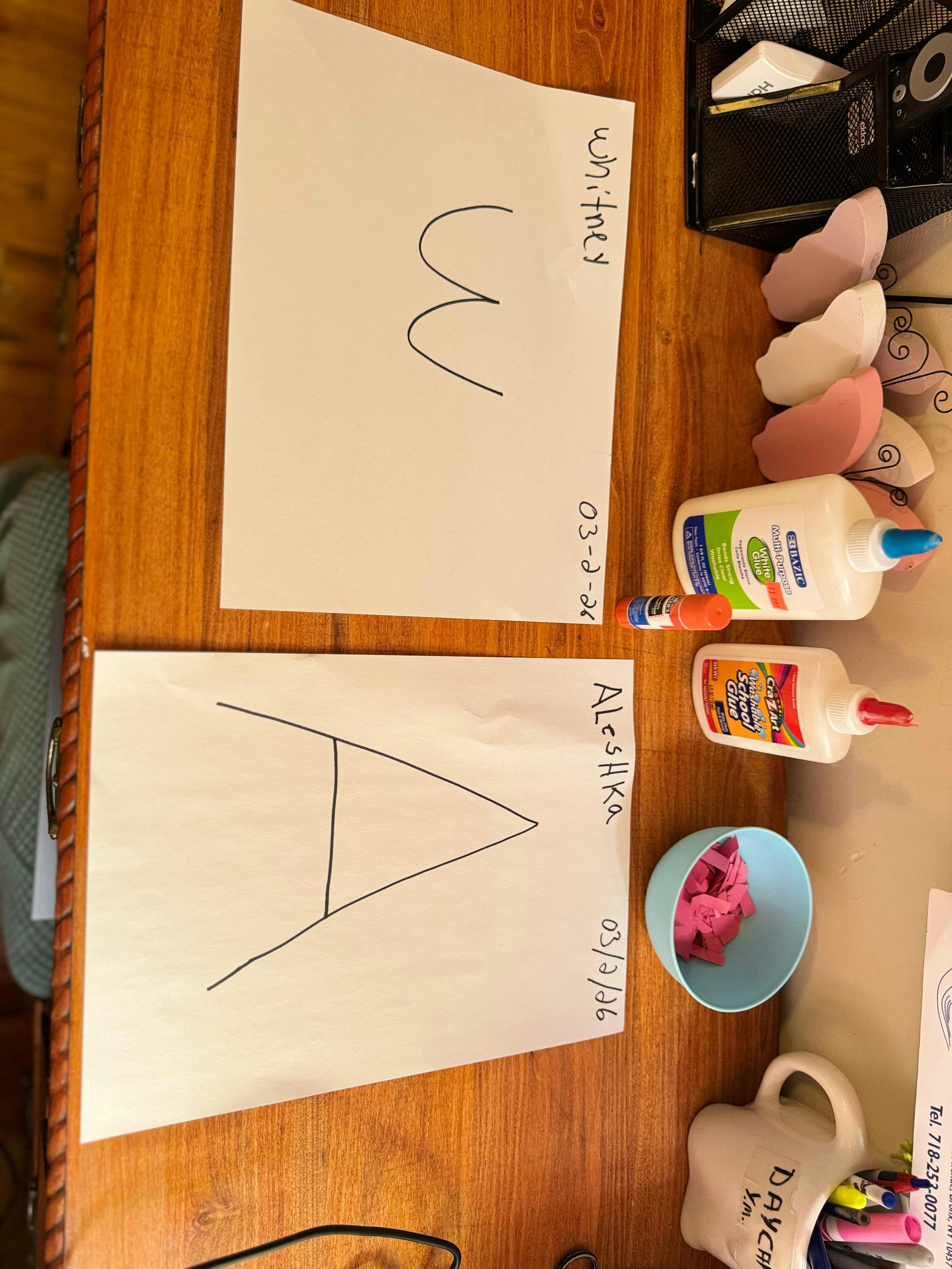 Two sheets of paper with names and large letters, glue bottles, and crafts supplies