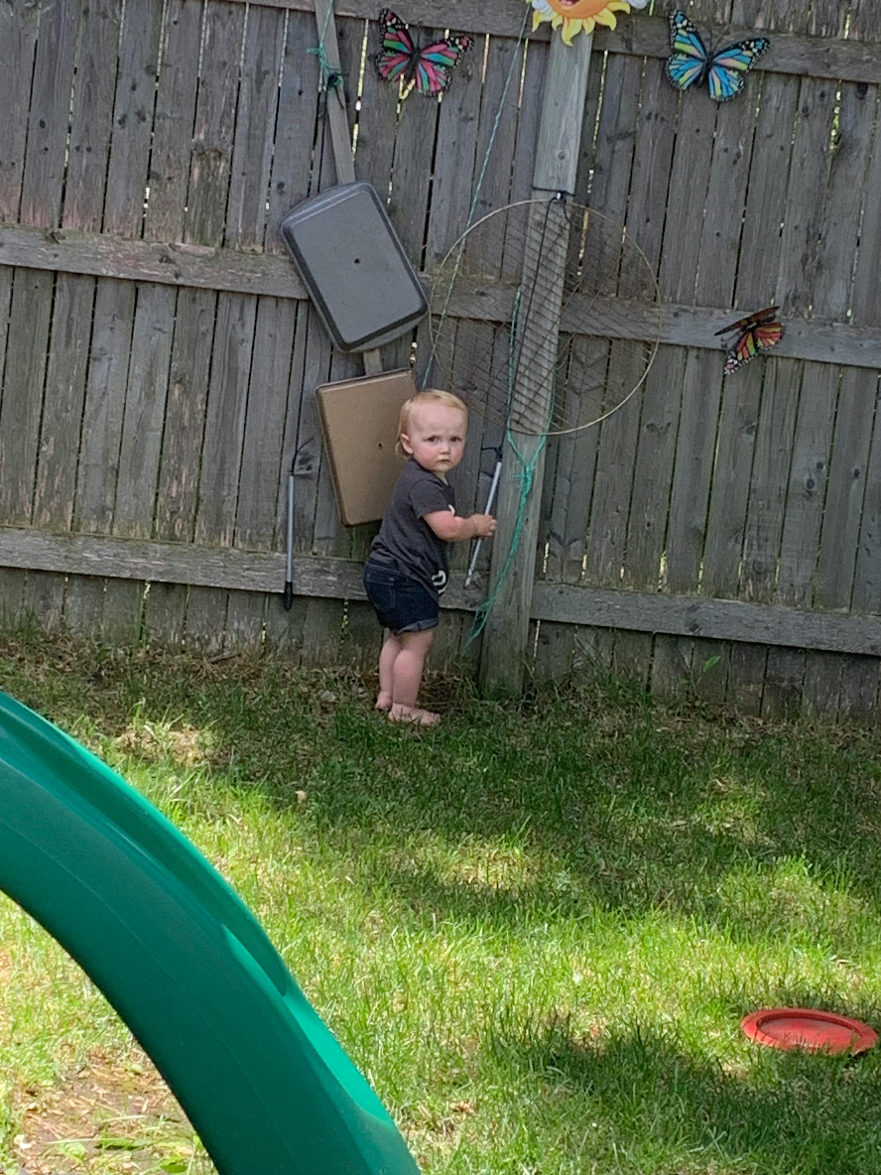 Child standing by a wooden fence in a yard