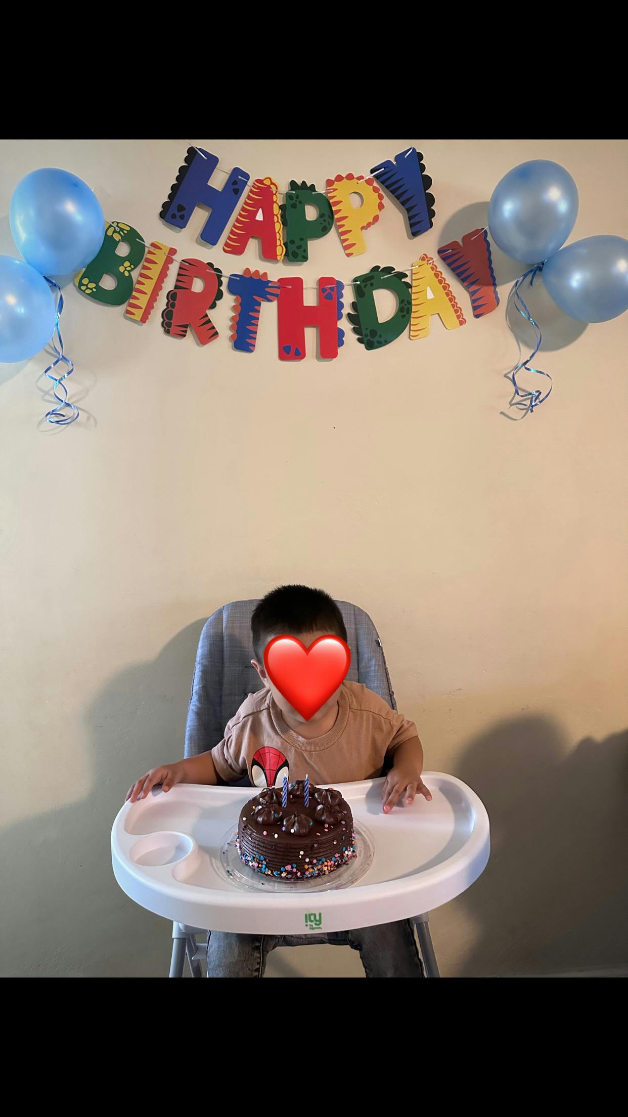 Child in a high chair with a birthday cake and "Happy Birthday" banner