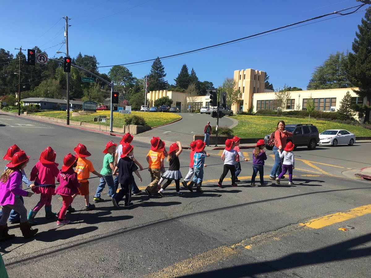 Children in red hats crossing a street with an adult