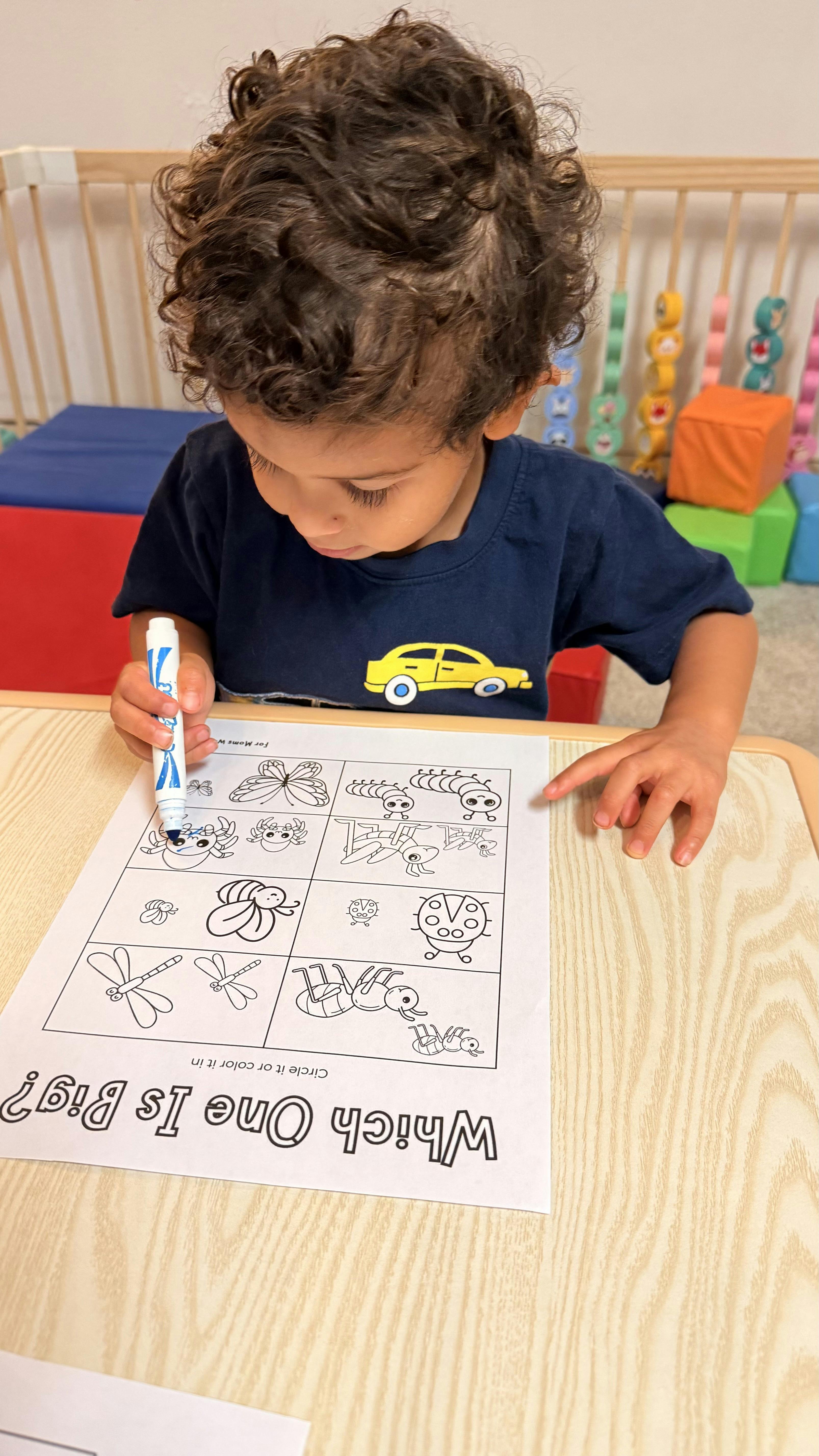 Child coloring an insect identification worksheet at a table