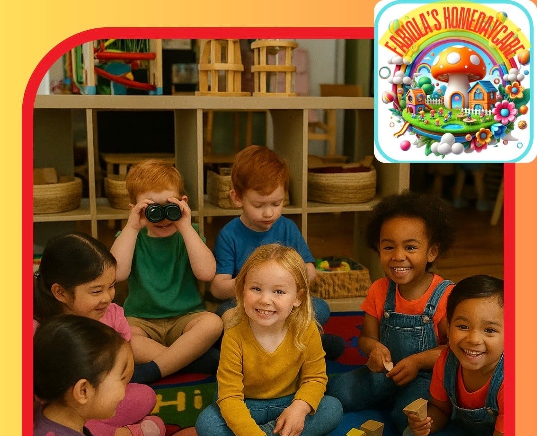 Group of children sitting on the floor, one child looking through binoculars