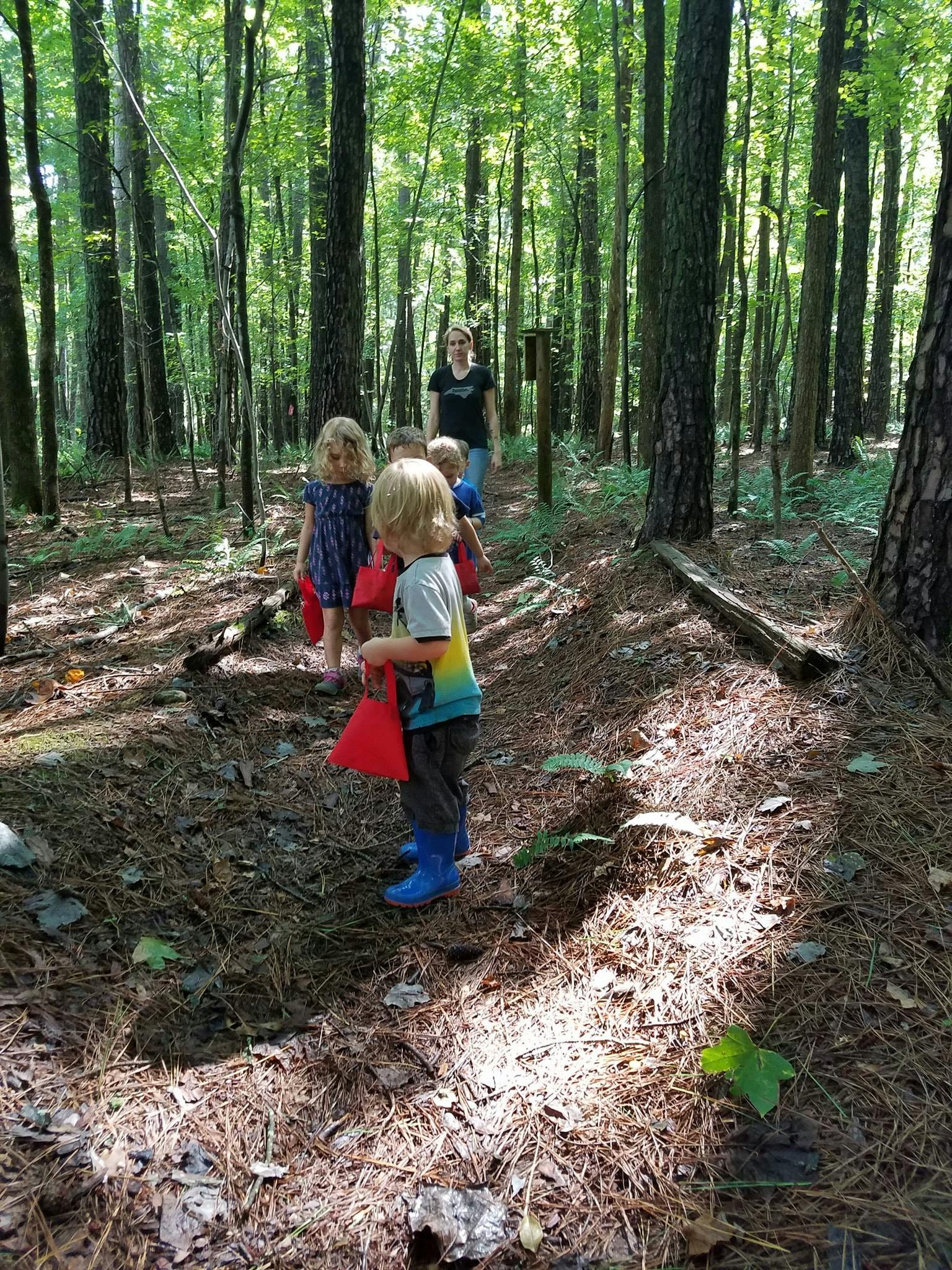 Children and an adult walking on a forest path
