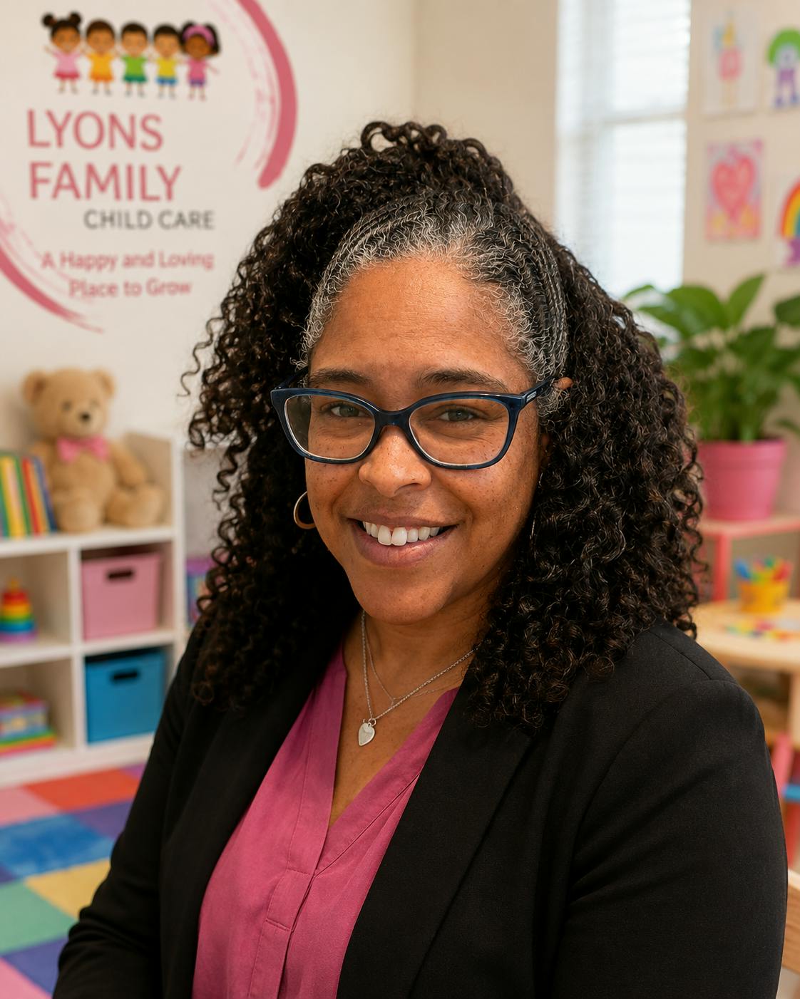 A person wearing glasses in a child care room