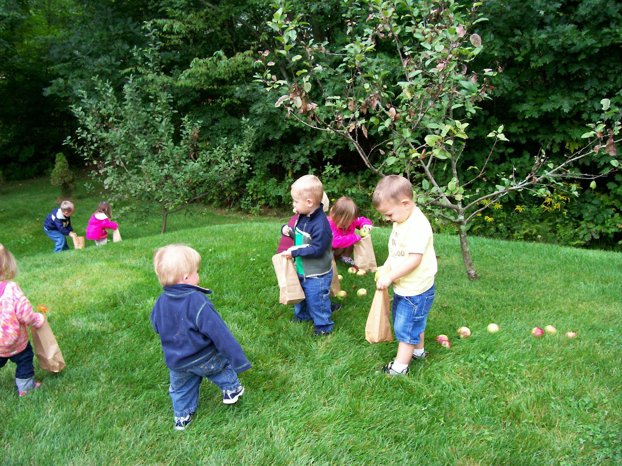 Children collecting items in bags on a grassy hill
