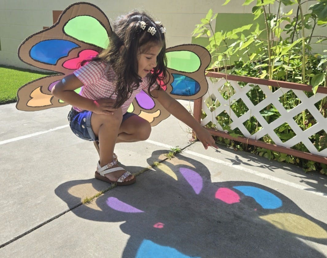Child in butterfly wings crouching and pointing at a butterfly shadow