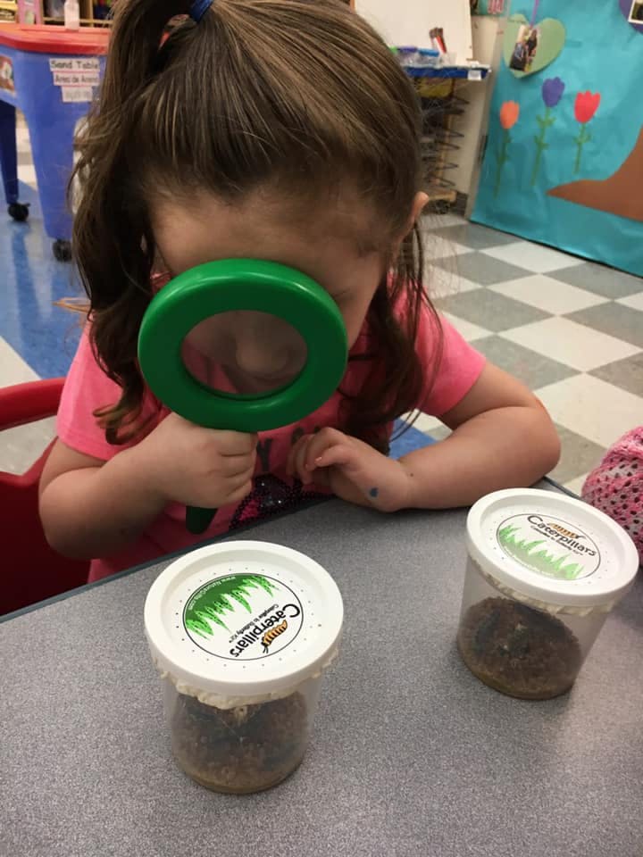 Child looking through a magnifying glass at a container on a table