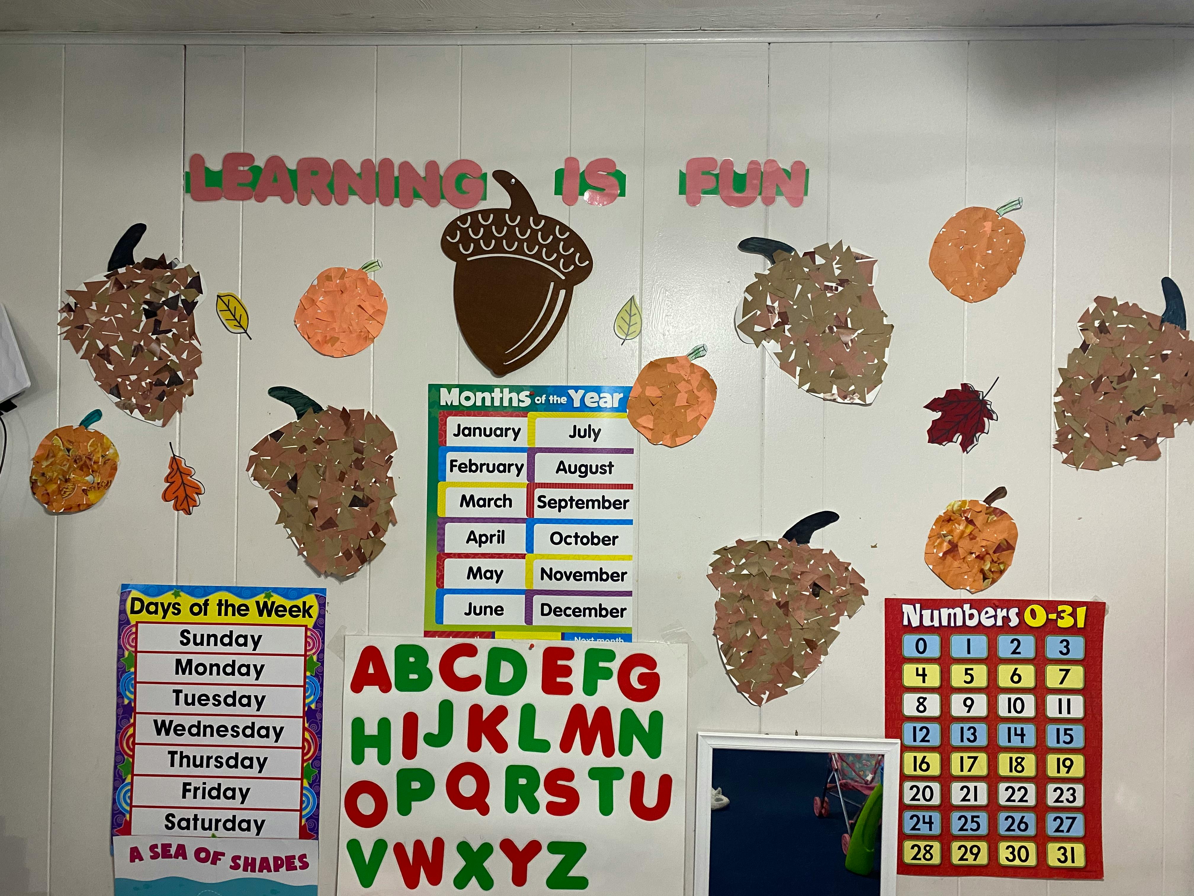 Classroom wall with fall decorations and learning charts