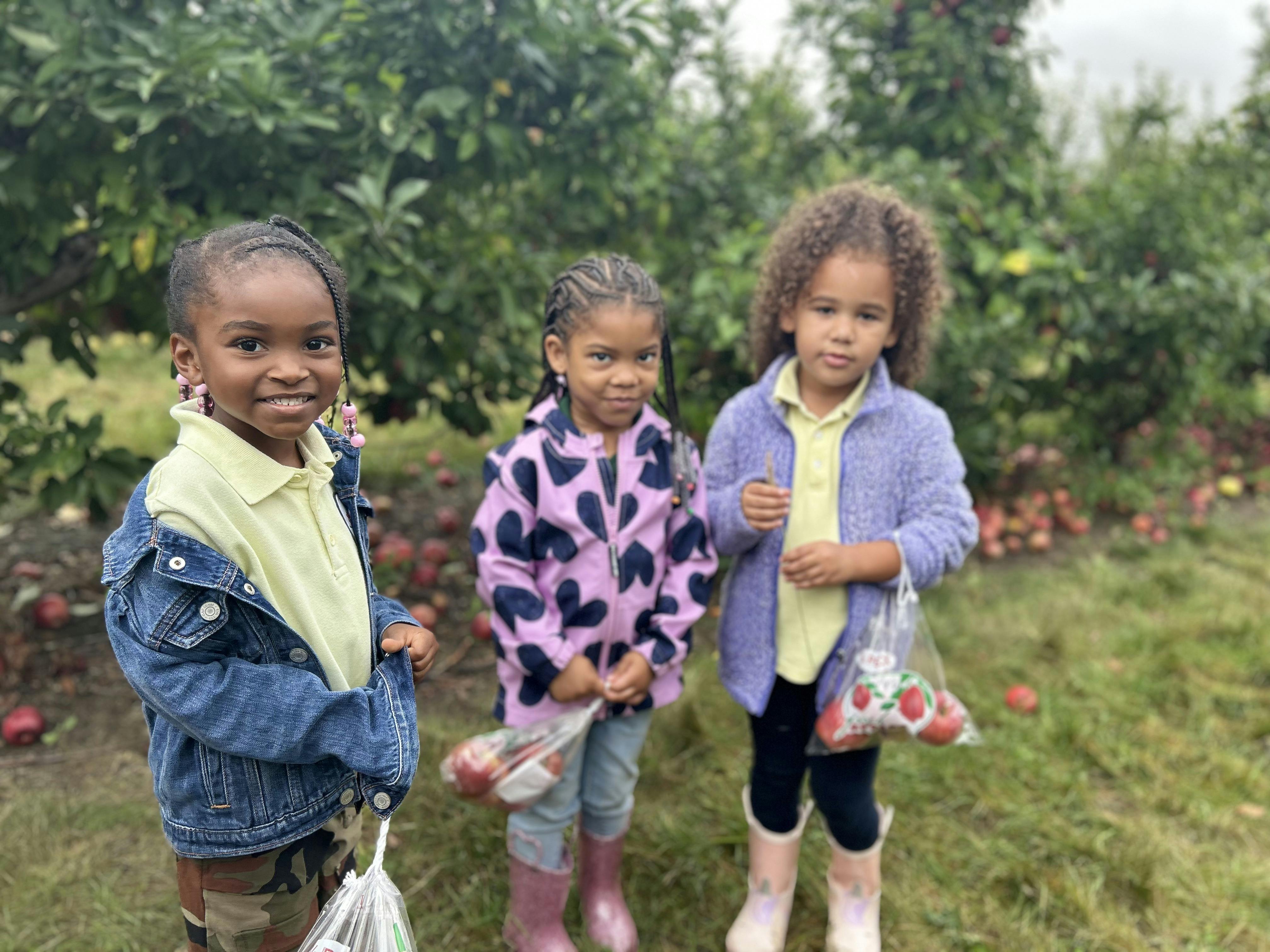 Three children holding bags of apples in an orchard