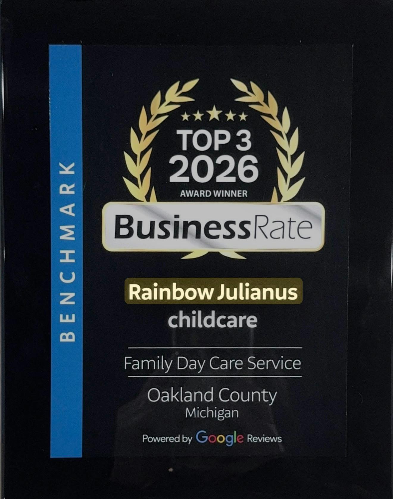 Award plaque for Rainbow Julianus childcare, a Top 3 2026 award winner