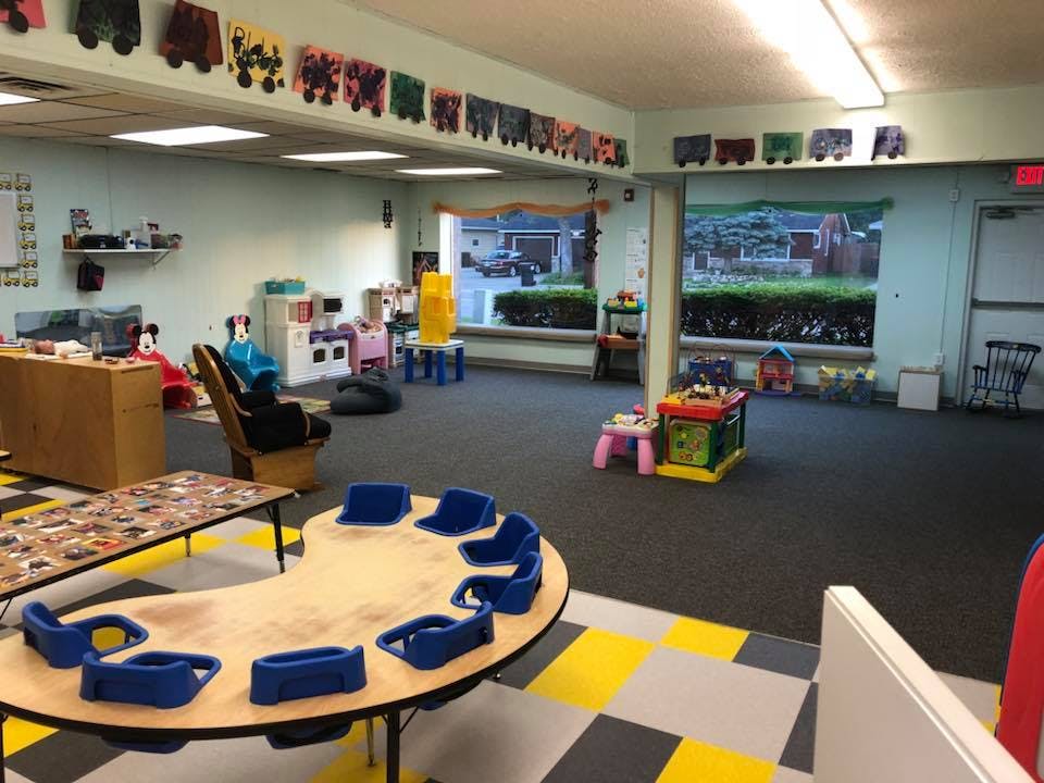 Empty classroom with small tables and chairs