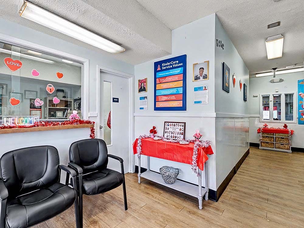 Reception area decorated for Valentine's Day