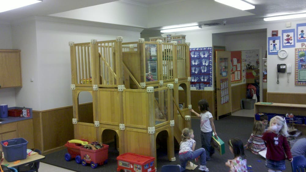 Children playing in a classroom with a large wooden play structure