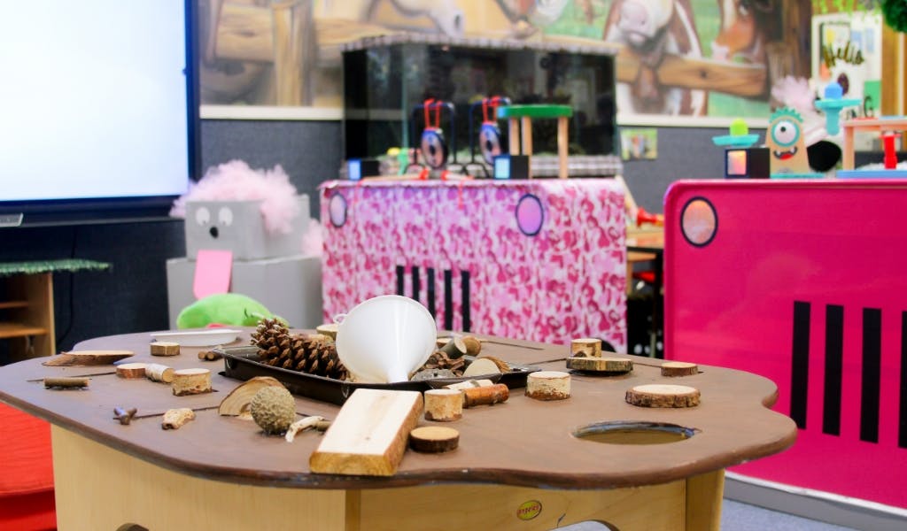 Table with pinecones and wooden blocks in a classroom