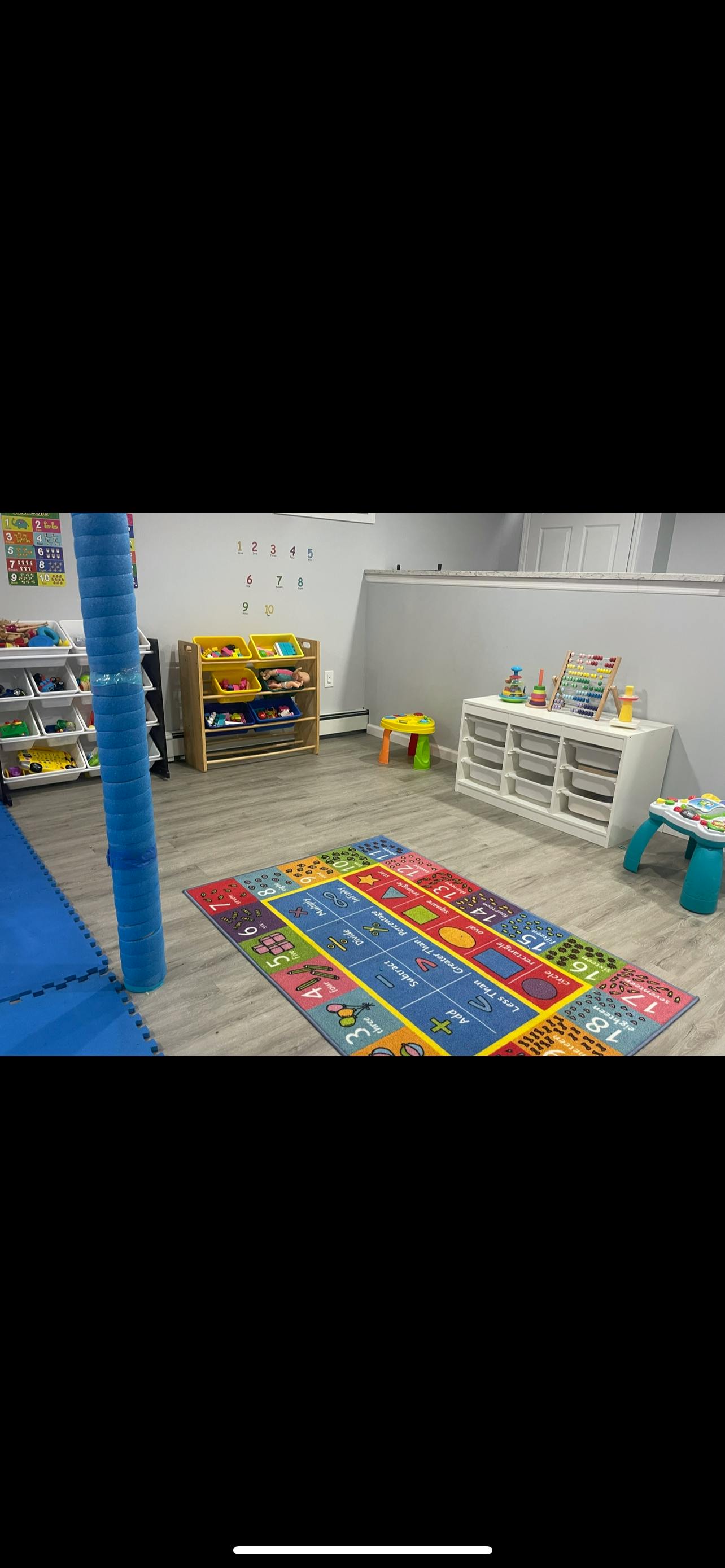Playroom with colorful rug, storage shelves, and blue floor mats