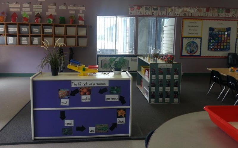 An empty classroom with educational posters, shelves, and small tables