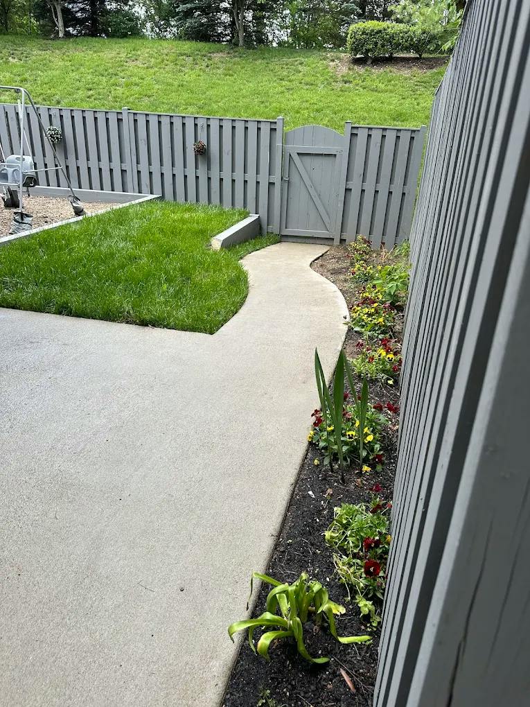 Concrete path leading to a wooden gate in a residential backyard