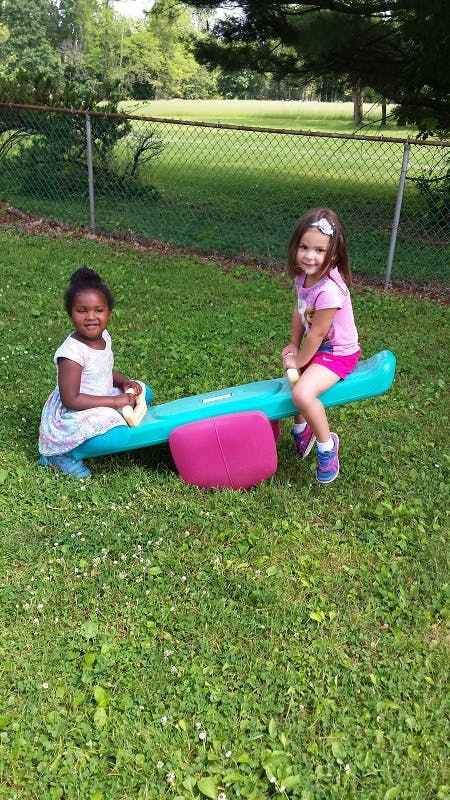 Two children playing on a seesaw in grass