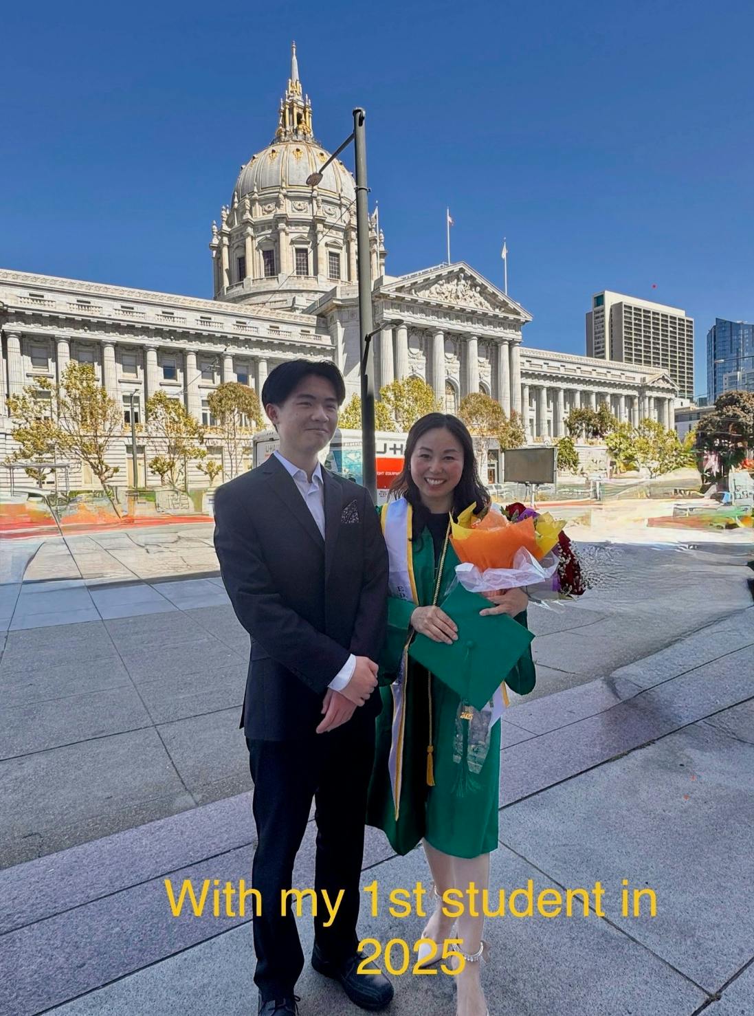 Two people standing in front of a large building with a dome