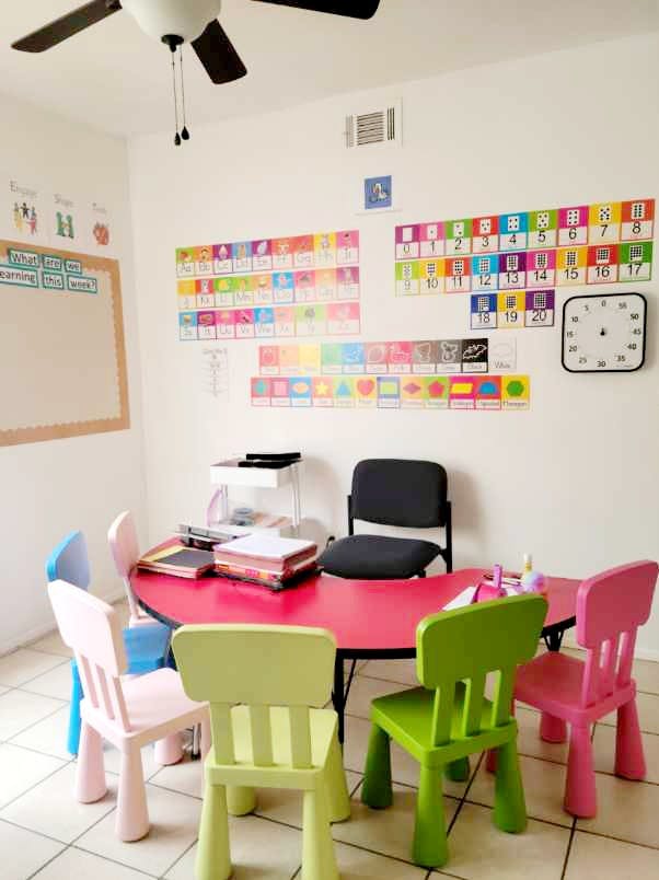 Classroom with a red table and colorful chairs, educational charts on the wall