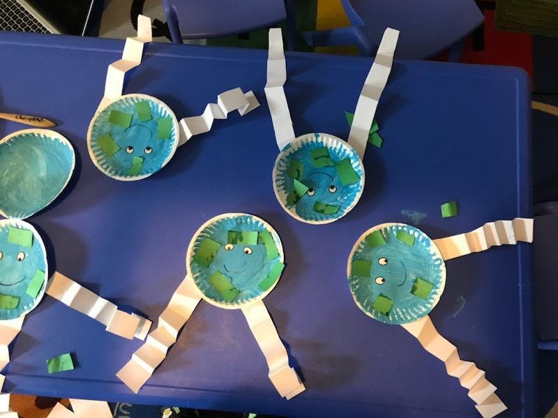 Paper plate Earth crafts with faces and paper chain arms